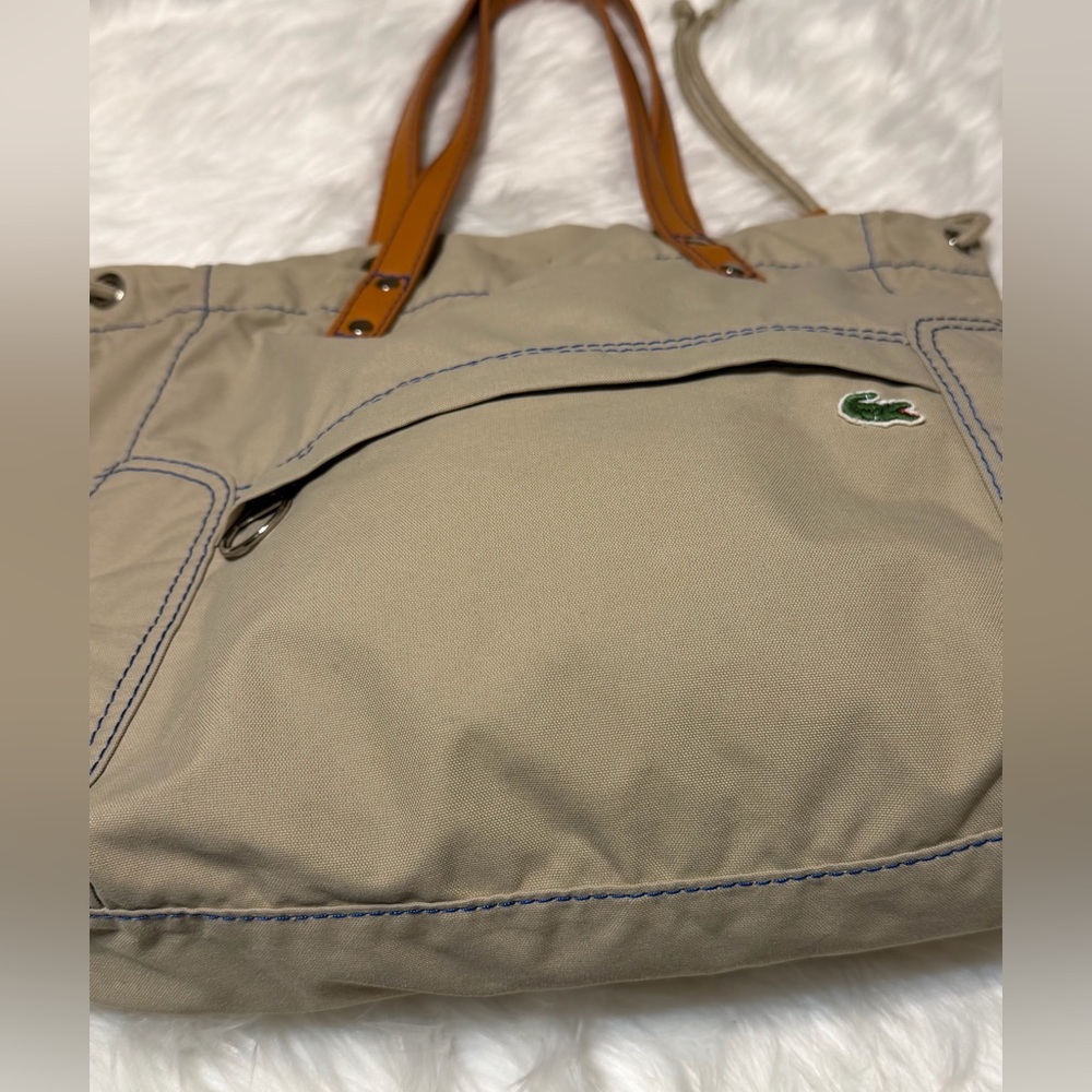 Lacoste Beige Canvas Sportsman Drawstring Tote with Tan Leather Handles - Picture 6 of 14
